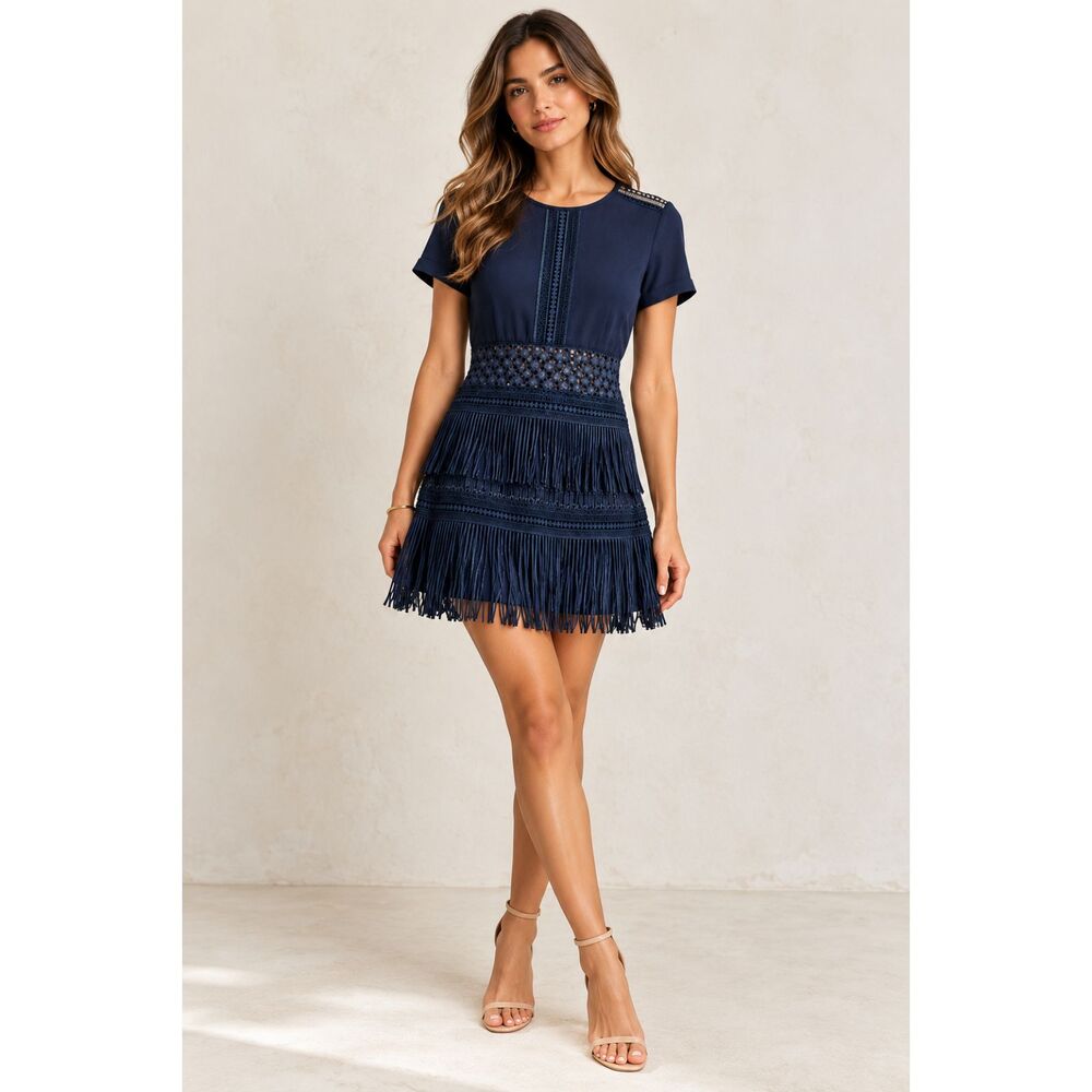 Maje Reia Nuit Navy Lace Fringe Mini Dress Medium Cocktail Party Tassle Fringe
